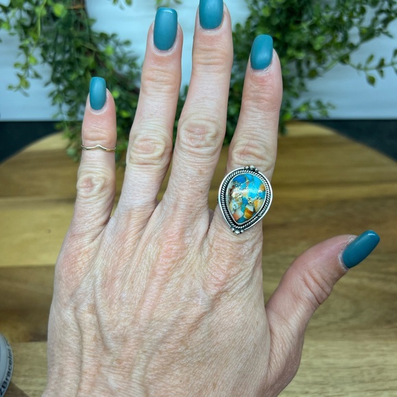 Genuine oyster,copper,turquoise ring,925 Sterling Silver,vibrant, chunky❤️size 7 - Picture 4 of 8